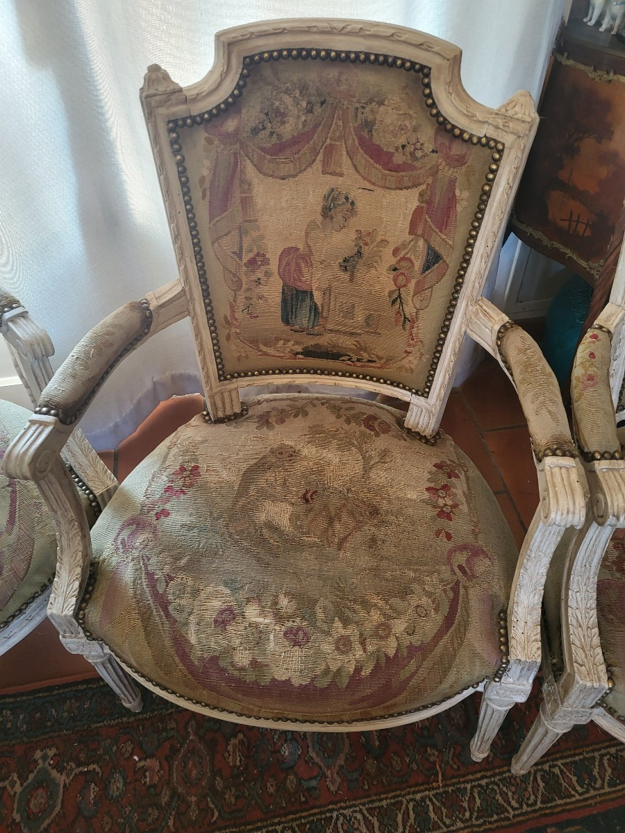 Set Of Four Armchairs Stamped Clmutel, Aubusson Tapestry, Louis XVI Period, 18th Century -photo-5