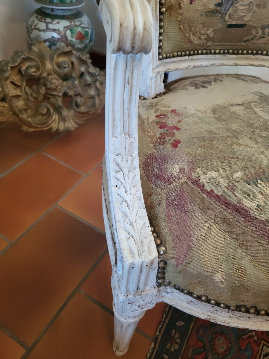 Set Of Four Armchairs Stamped Clmutel, Aubusson Tapestry, Louis XVI Period, 18th Century -photo-8
