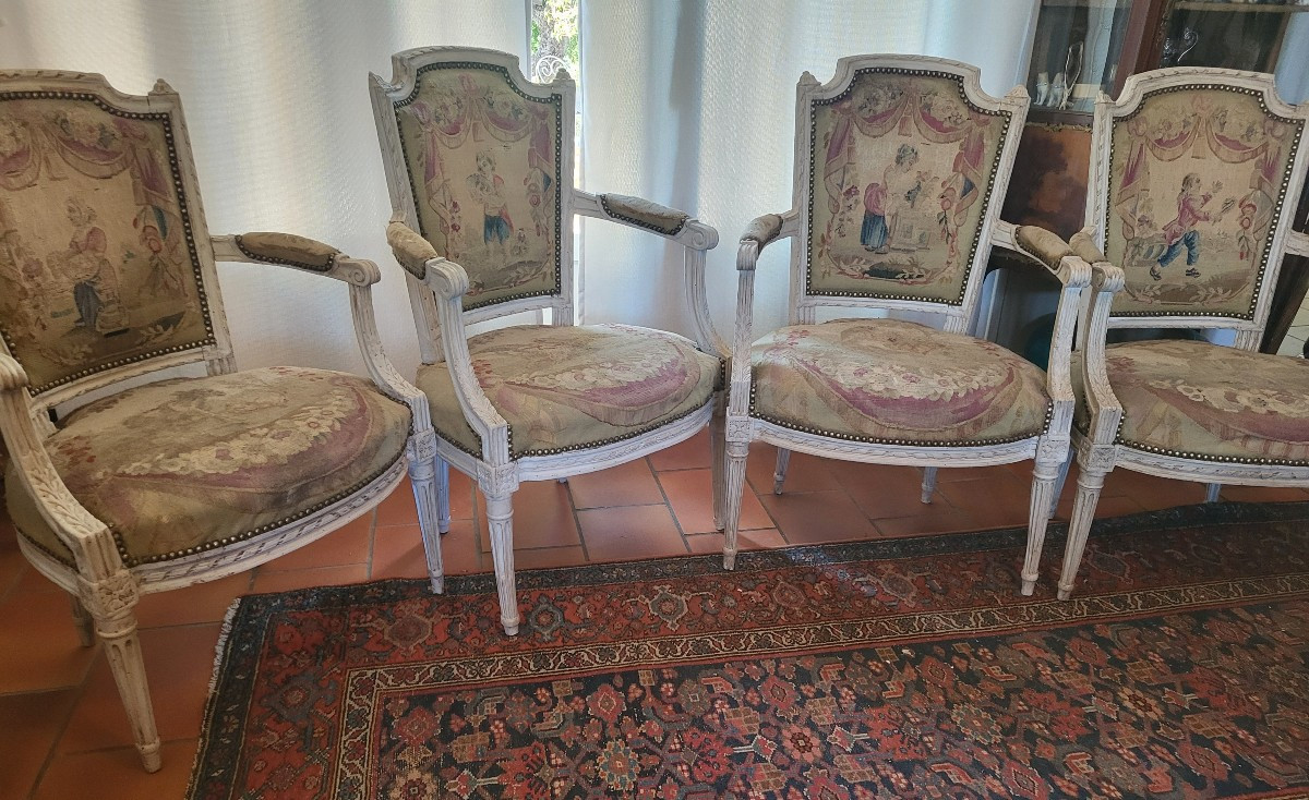 Set Of Four Armchairs Stamped Clmutel, Aubusson Tapestry, Louis XVI Period, 18th Century 