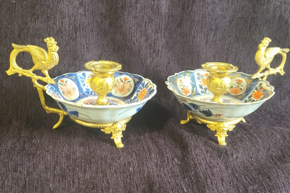 Paire  de chandeliers  Porcelaine Imari Époque Edo monture bronze XIXe 