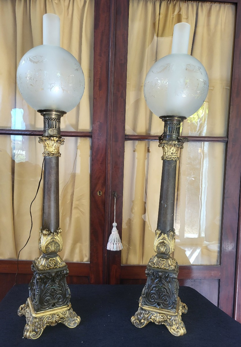Pair Of Large Carcel Lamps With Mechanism, Restoration Period, H 92cm