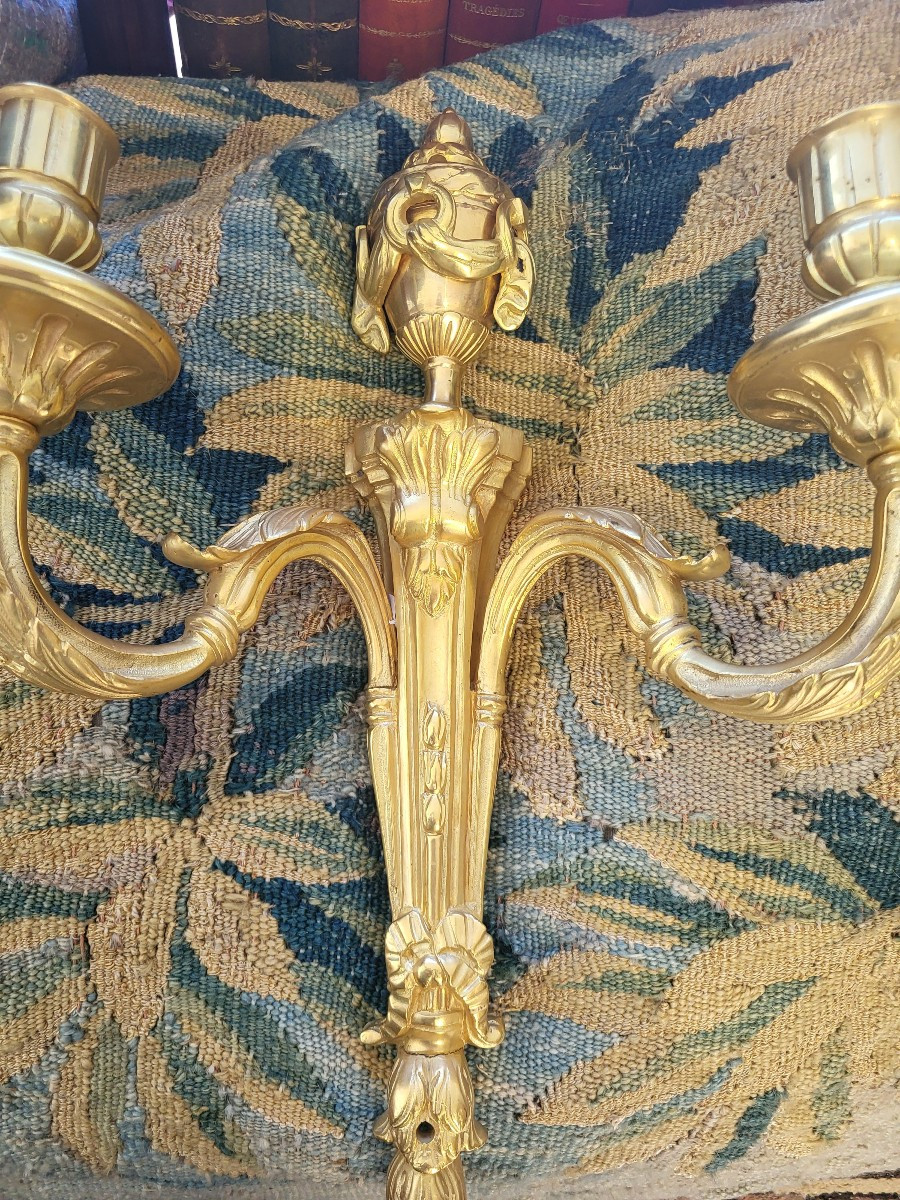 Paire de grandes appliques Louis XVI  bronze doré début XIXe -photo-2