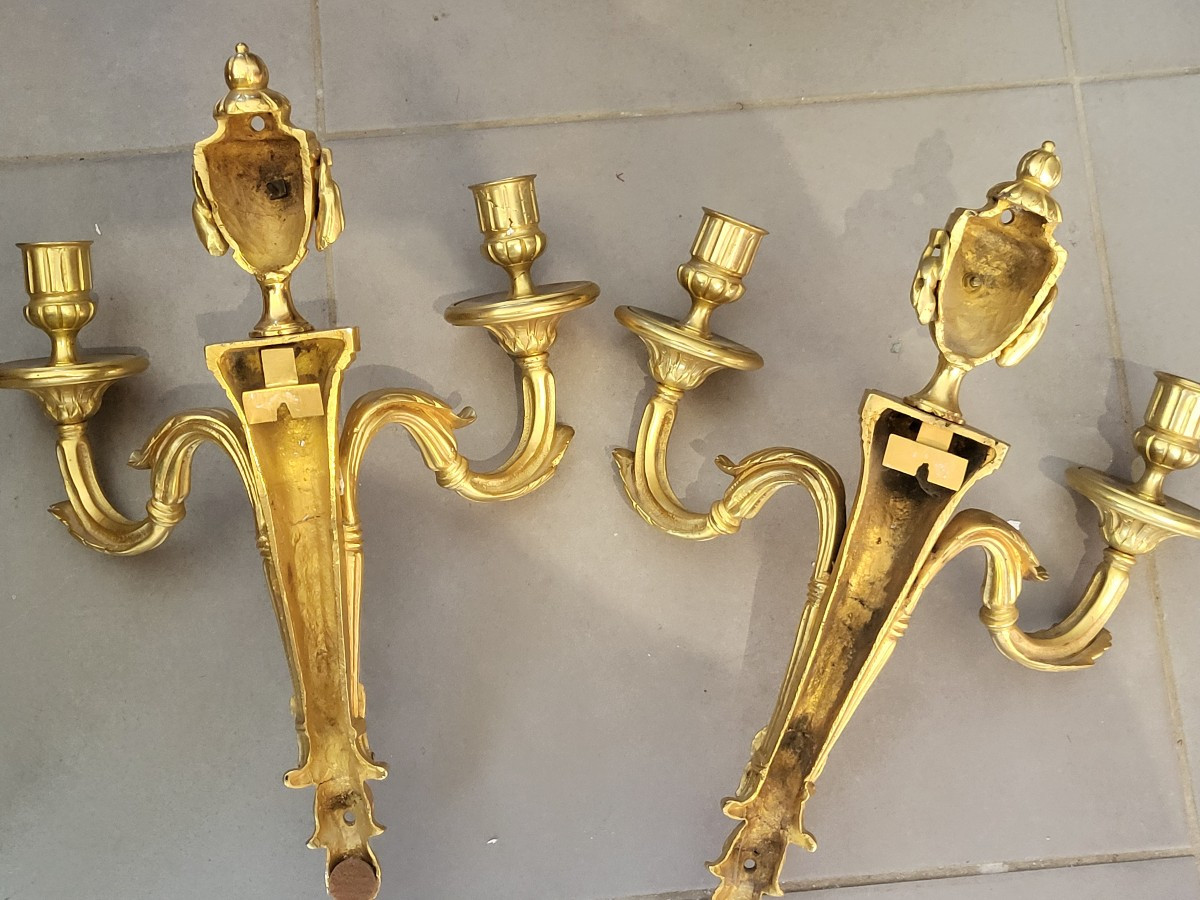 Paire de grandes appliques Louis XVI  bronze doré début XIXe -photo-2
