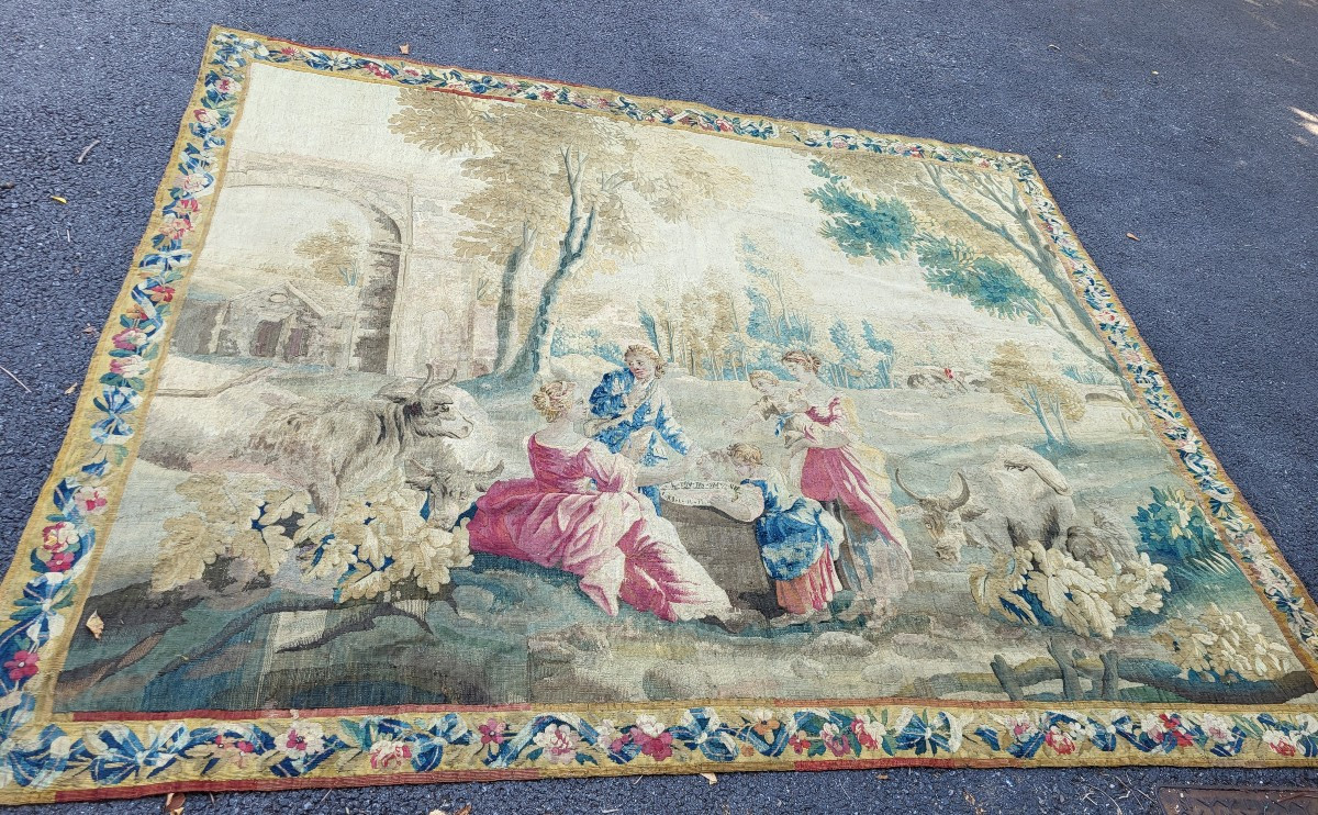 Aubusson Tapestry "the Merchant Of Forget-me-no Cakests" By Huet, 18th Century -photo-1