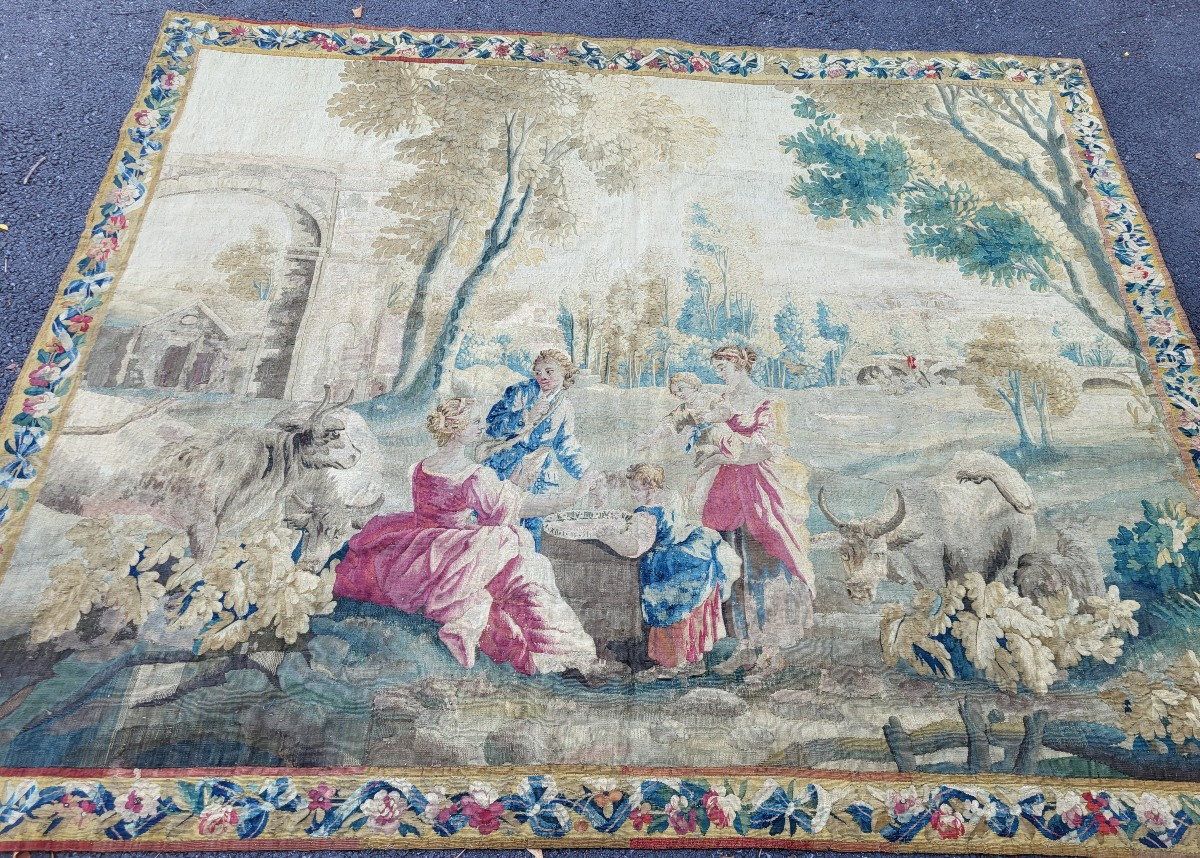 Aubusson Tapestry "the Merchant Of Forget-me-no Cakests" By Huet, 18th Century 