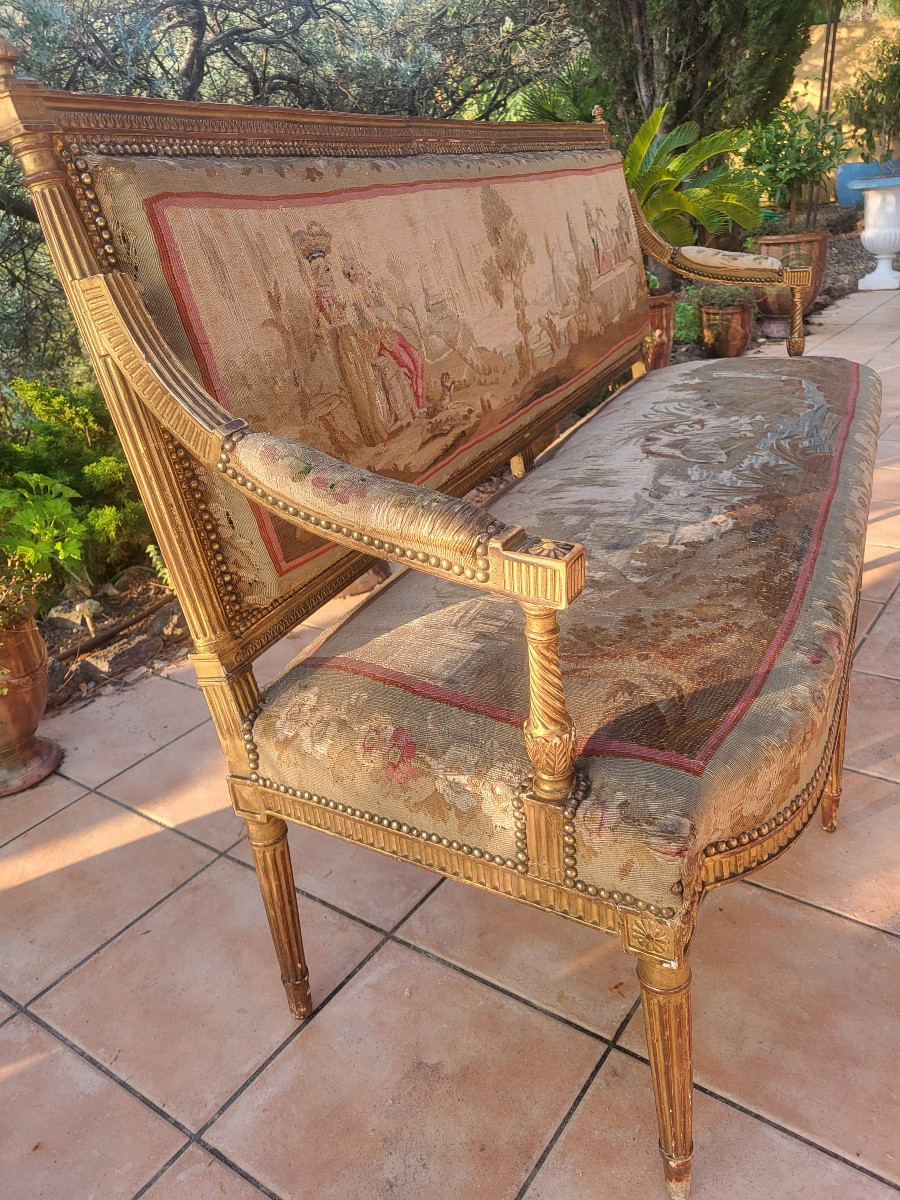 Canapé  bois doré  Aubusson  époque  début XIXe siècle L173cm-photo-3