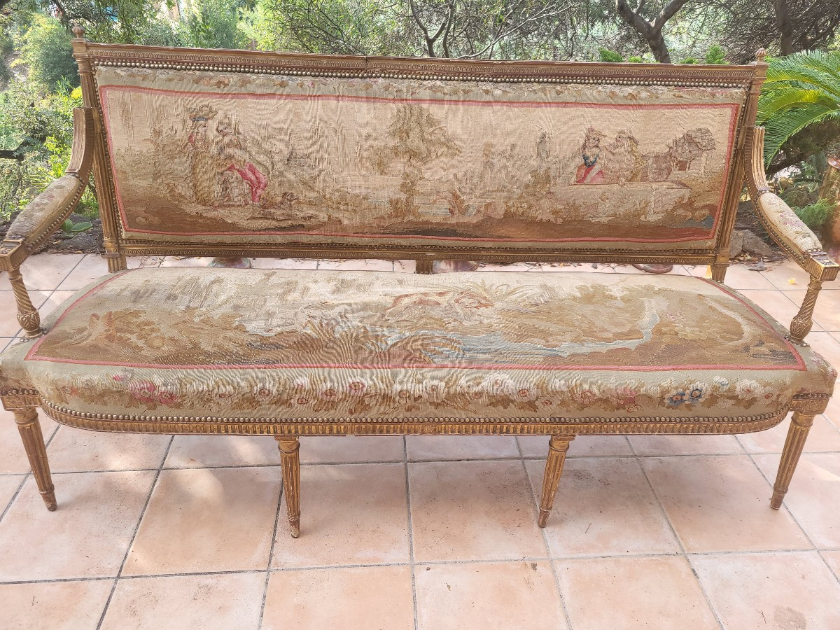 Canapé  bois doré  Aubusson  époque  début XIXe siècle L173cm-photo-2