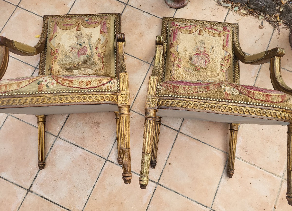 Pair Of Louis XVI Giltwood And Aubusson Armchairs With Flat Backs, 19th Century -photo-2