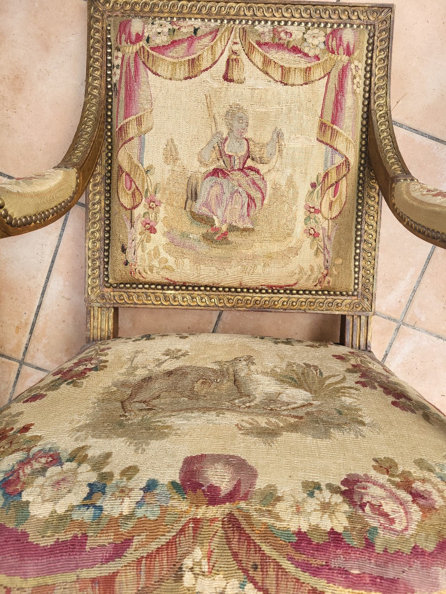 Pair Of Louis XVI Giltwood And Aubusson Armchairs With Flat Backs, 19th Century -photo-3