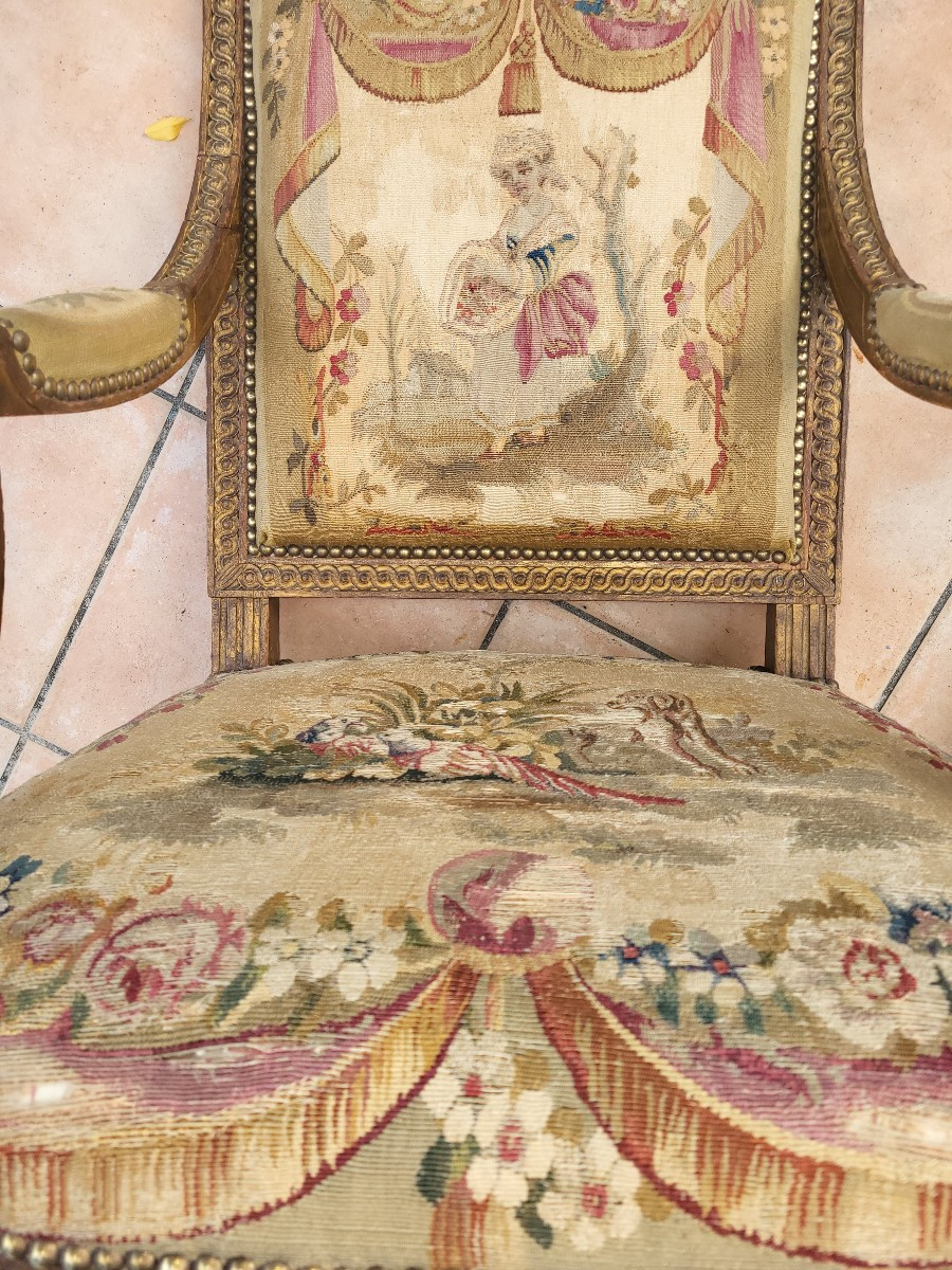 Pair Of Louis XVI Giltwood And Aubusson Armchairs With Flat Backs, 19th Century -photo-4