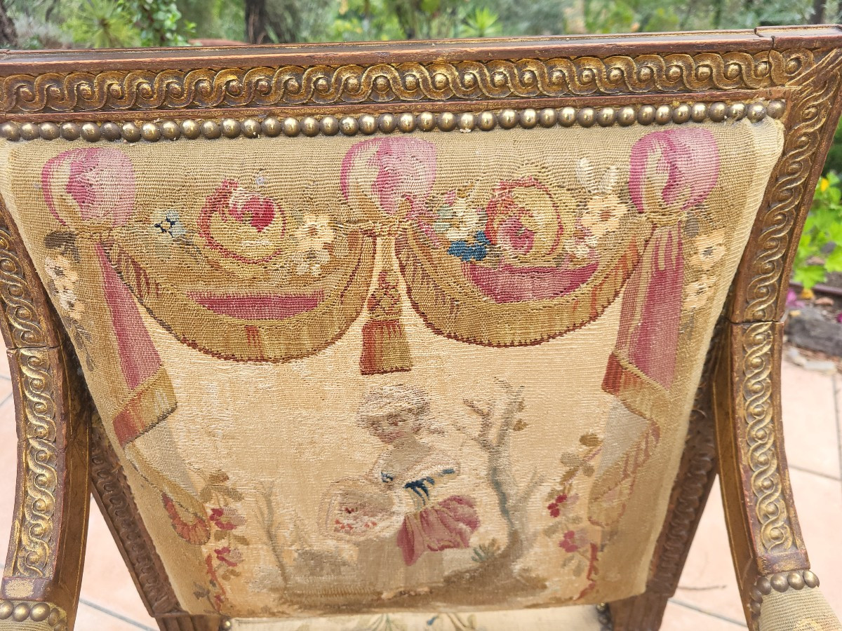 Pair Of Louis XVI Giltwood And Aubusson Armchairs With Flat Backs, 19th Century -photo-2
