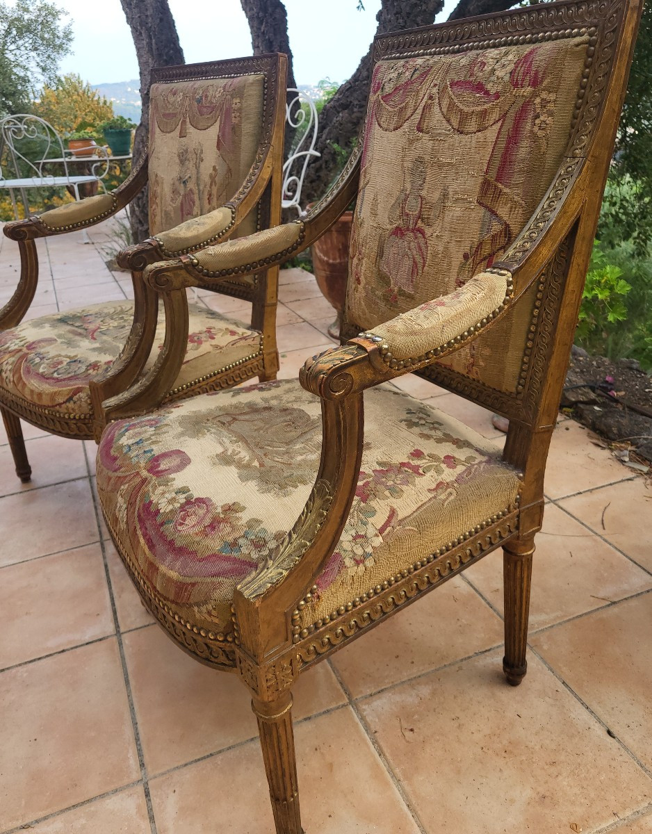 Pair Of Louis XVI Giltwood And Aubusson Armchairs With Flat Backs, 19th Century -photo-3