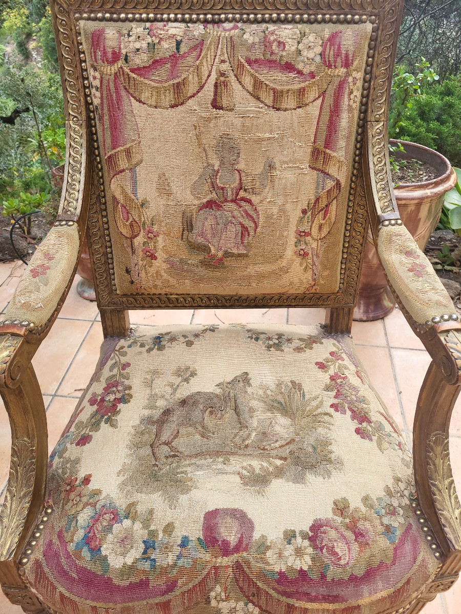 Pair Of Louis XVI Giltwood And Aubusson Armchairs With Flat Backs, 19th Century -photo-8
