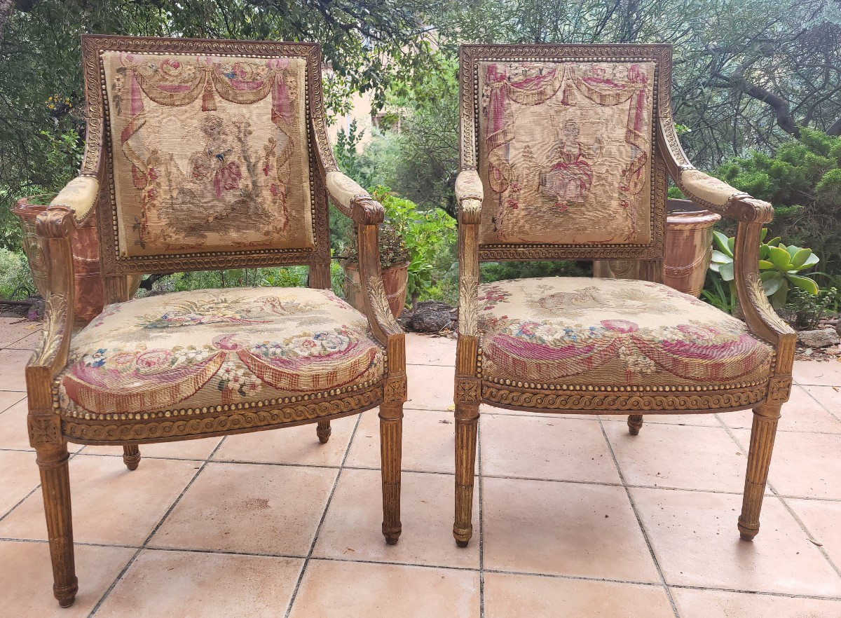 Pair Of Louis XVI Giltwood And Aubusson Armchairs With Flat Backs, 19th Century 