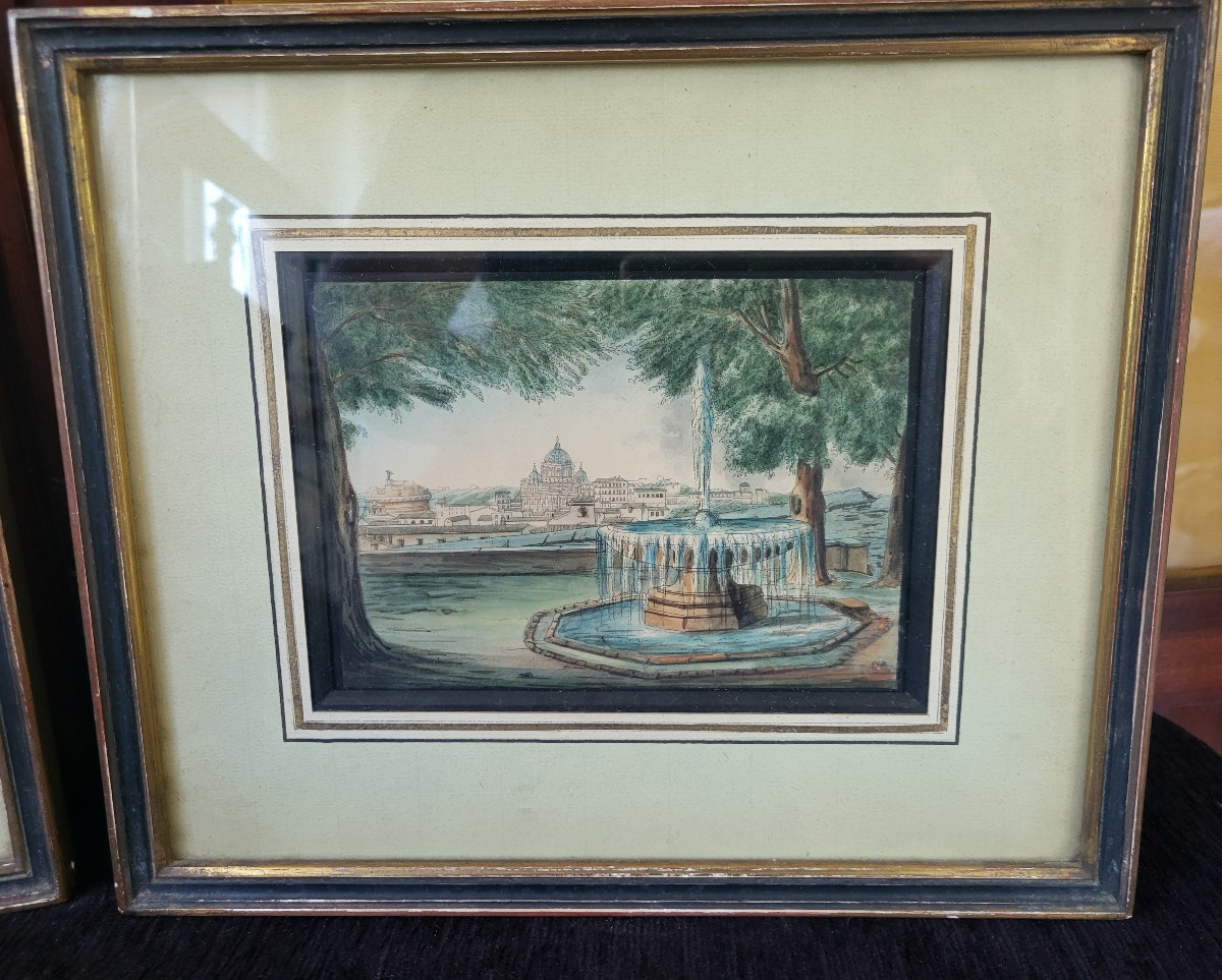  Ec.Italienne début XIXe Paire d"aquarelles Rome et Ligurie-photo-2