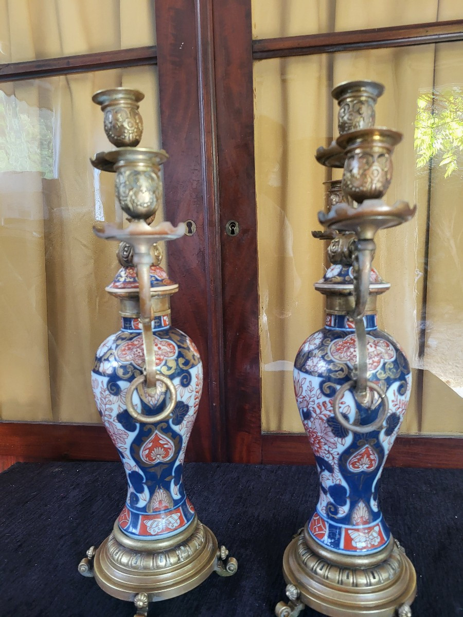 Paire de candélabres  porcelaine Imari  et bronze Japon époque XIXe -photo-7