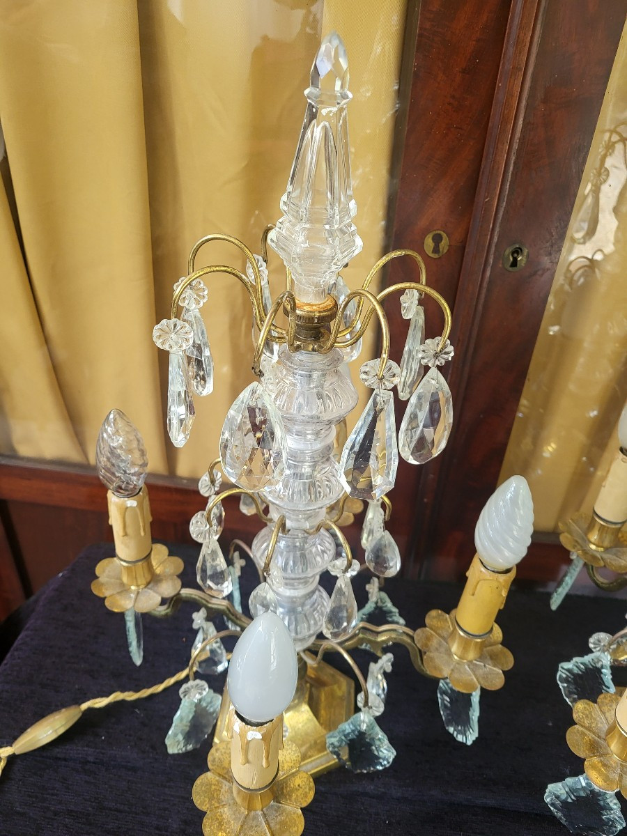 Pair Of 4-light Bronze And Crystal Chandeliers, 20th Century-photo-1