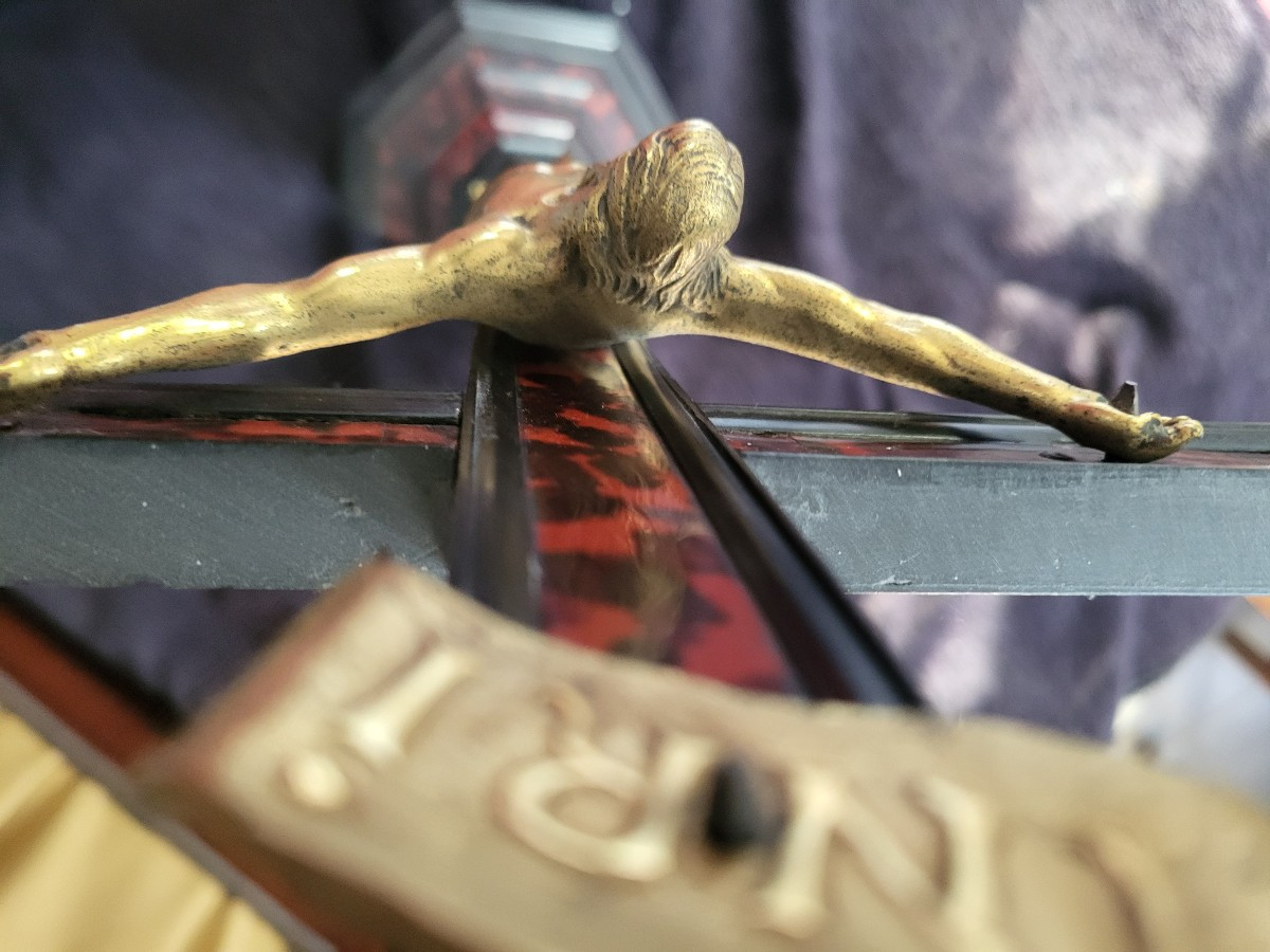 Grand crucifix bronze doré écaille et ébène fin XVIII e -photo-1