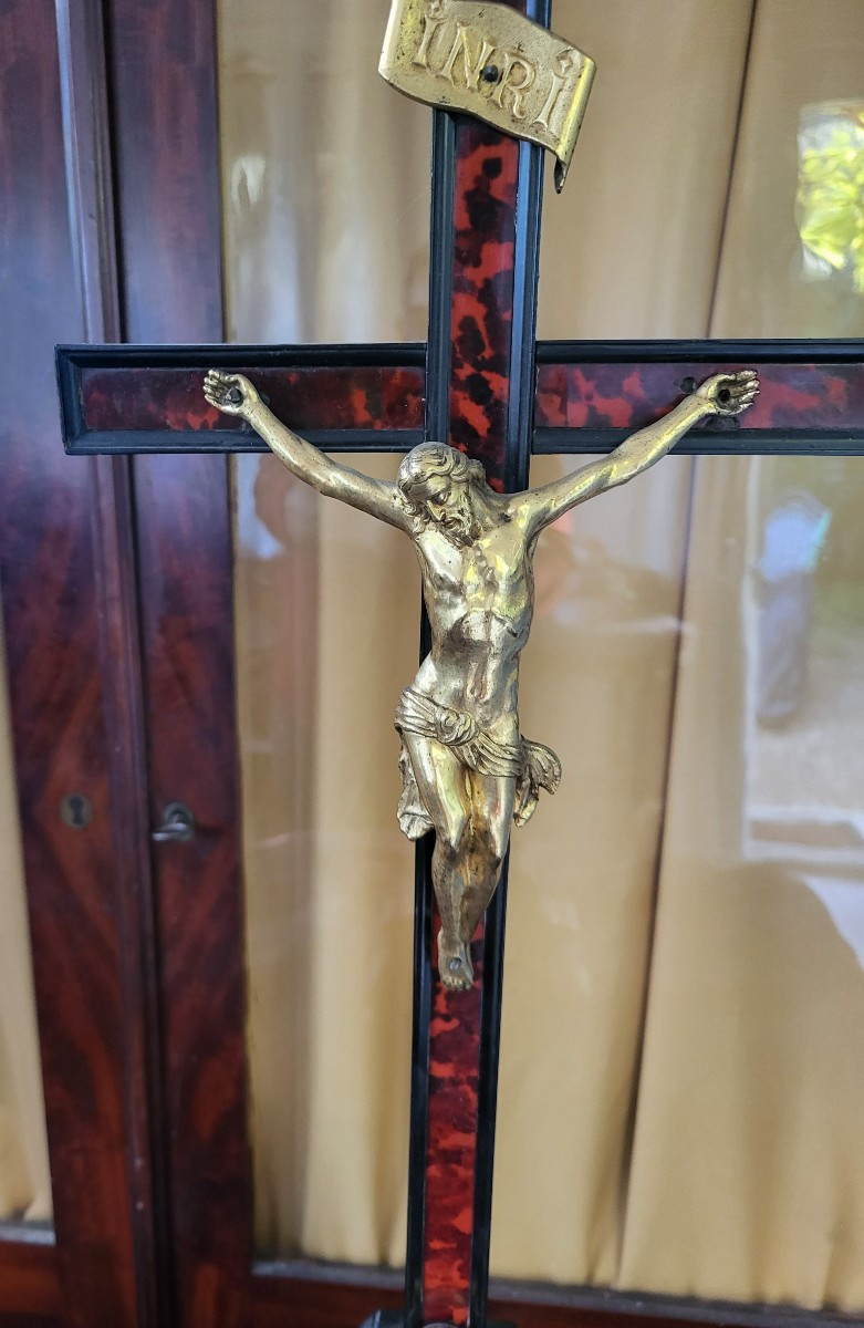 Grand crucifix bronze doré écaille et ébène fin XVIII e -photo-8