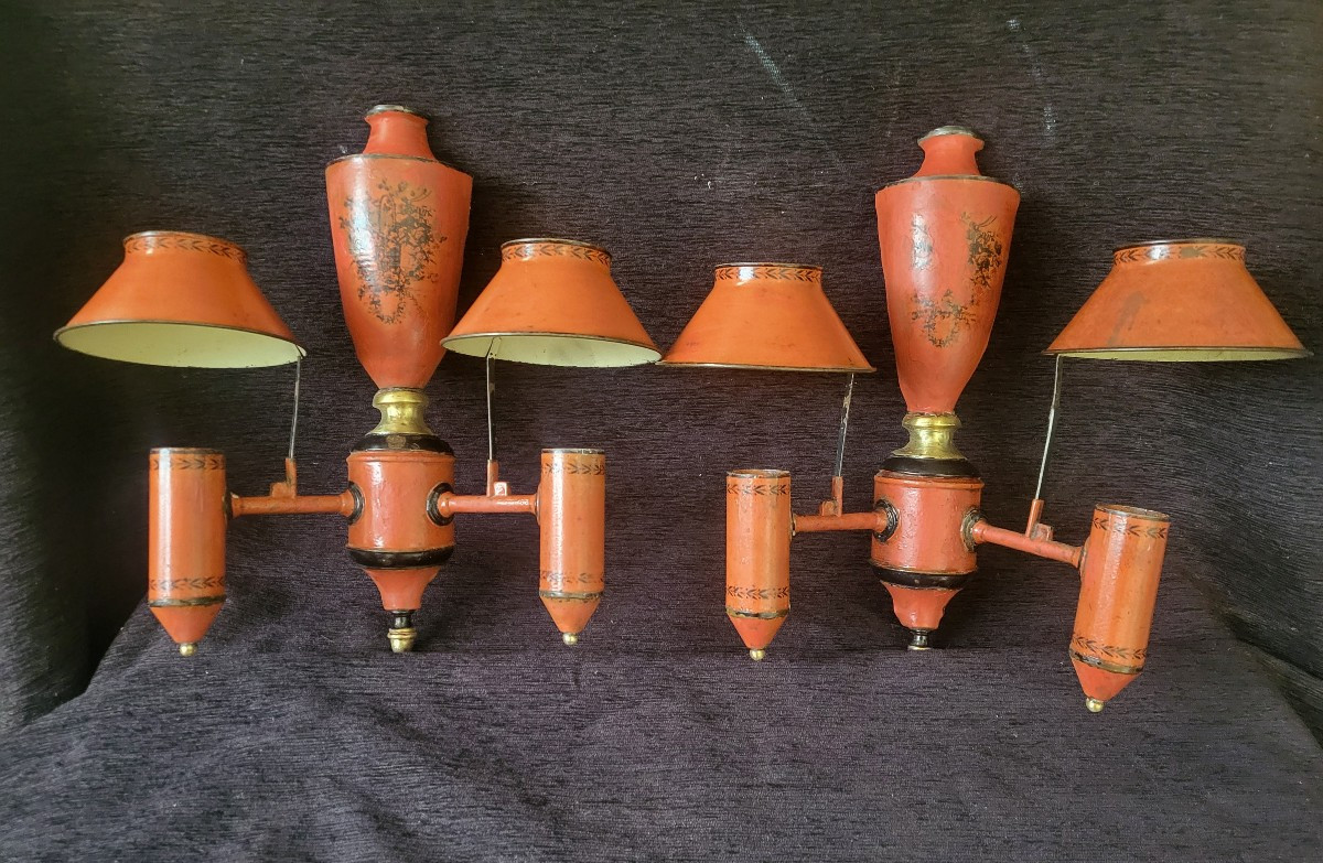 Pair Of Quinquet Wall Lights, Painted Sheet Metal, 19th Century -photo-2