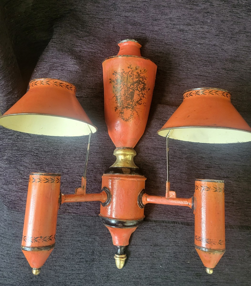 Pair Of Quinquet Wall Lights, Painted Sheet Metal, 19th Century -photo-3