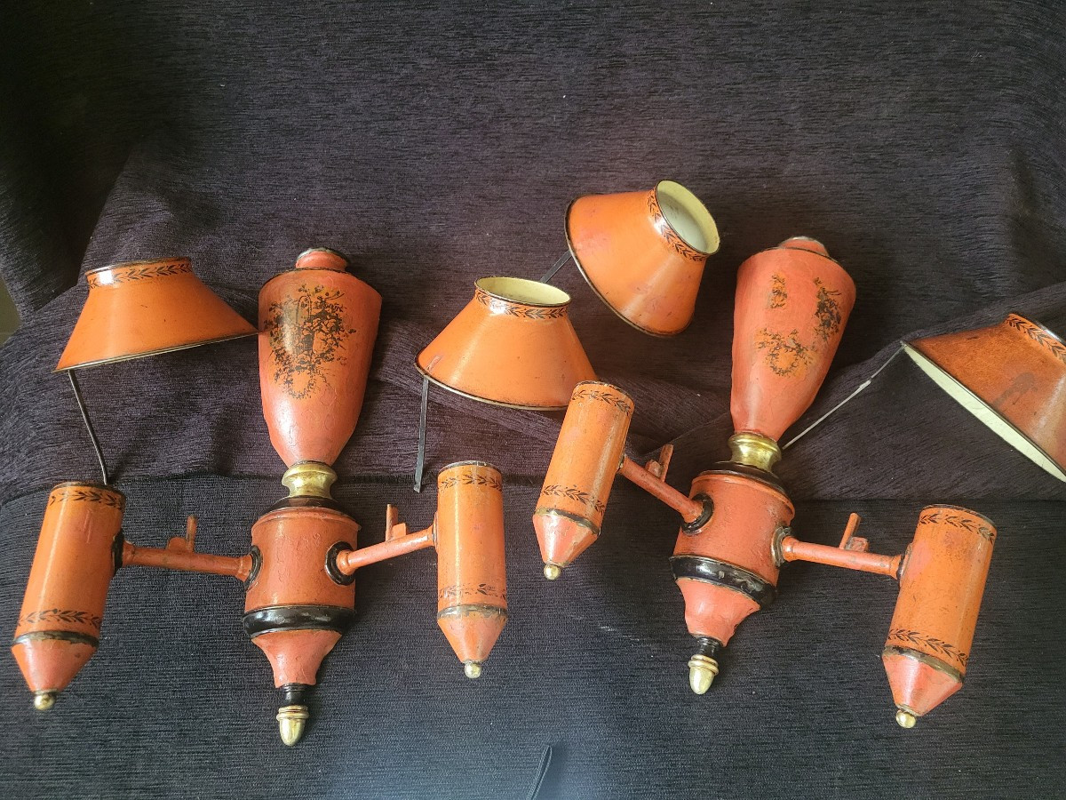 Pair Of Quinquet Wall Lights, Painted Sheet Metal, 19th Century -photo-4