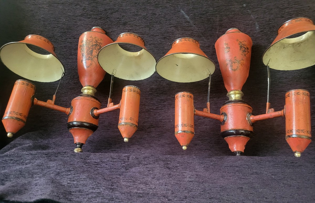 Pair Of Quinquet Wall Lights, Painted Sheet Metal, 19th Century -photo-2