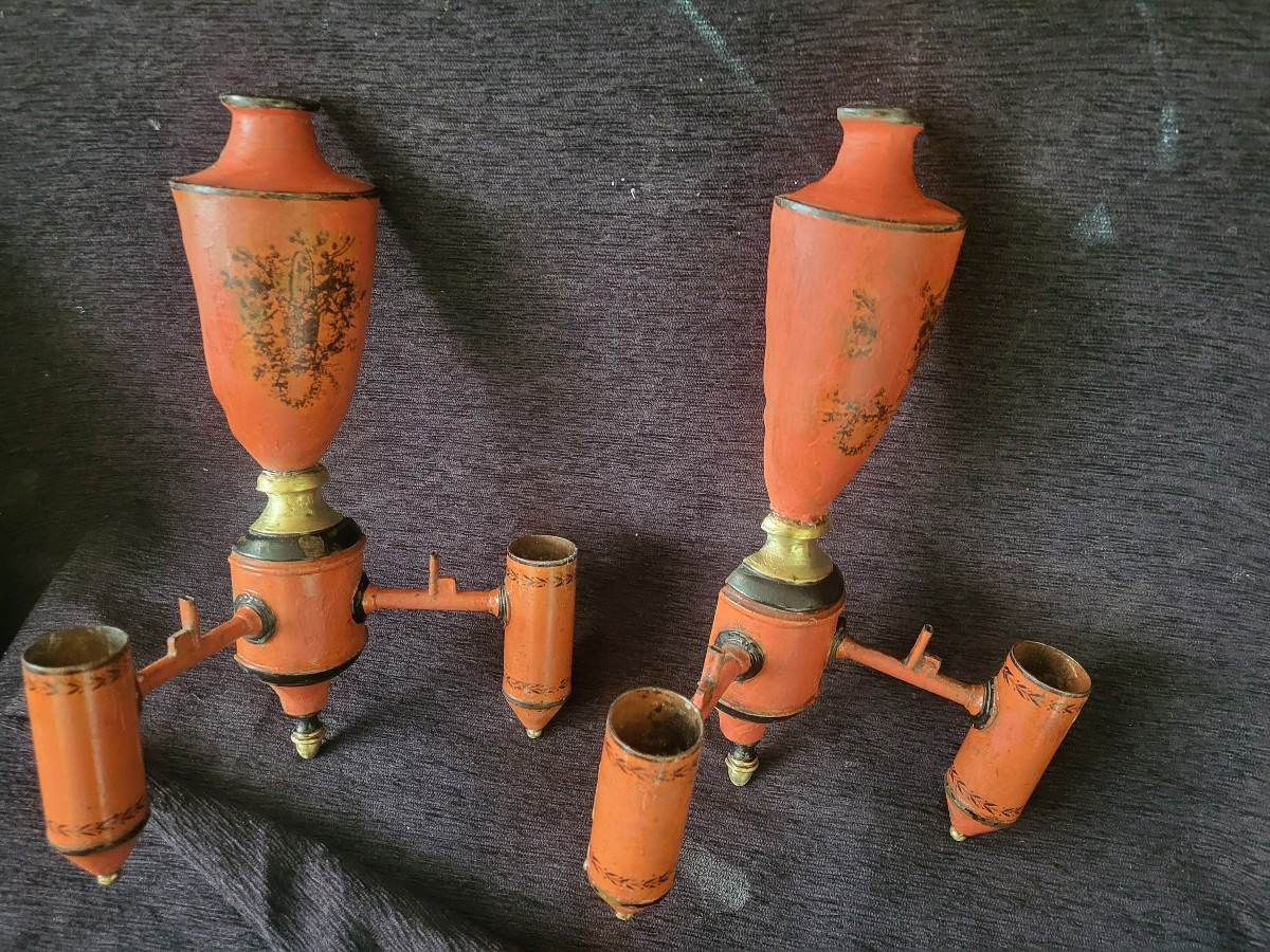 Pair Of Quinquet Wall Lights, Painted Sheet Metal, 19th Century -photo-3