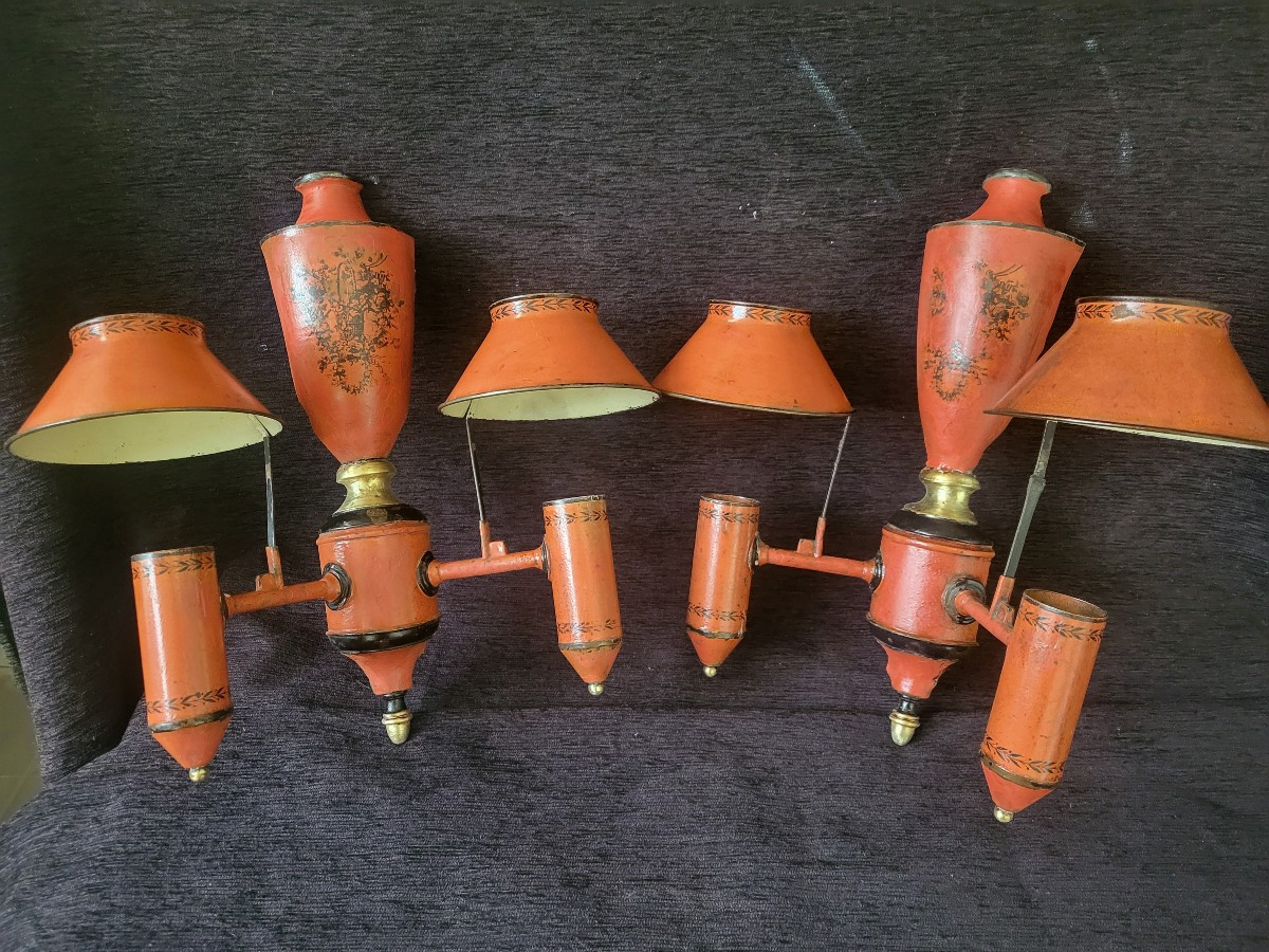 Pair Of Quinquet Wall Lights, Painted Sheet Metal, 19th Century -photo-6