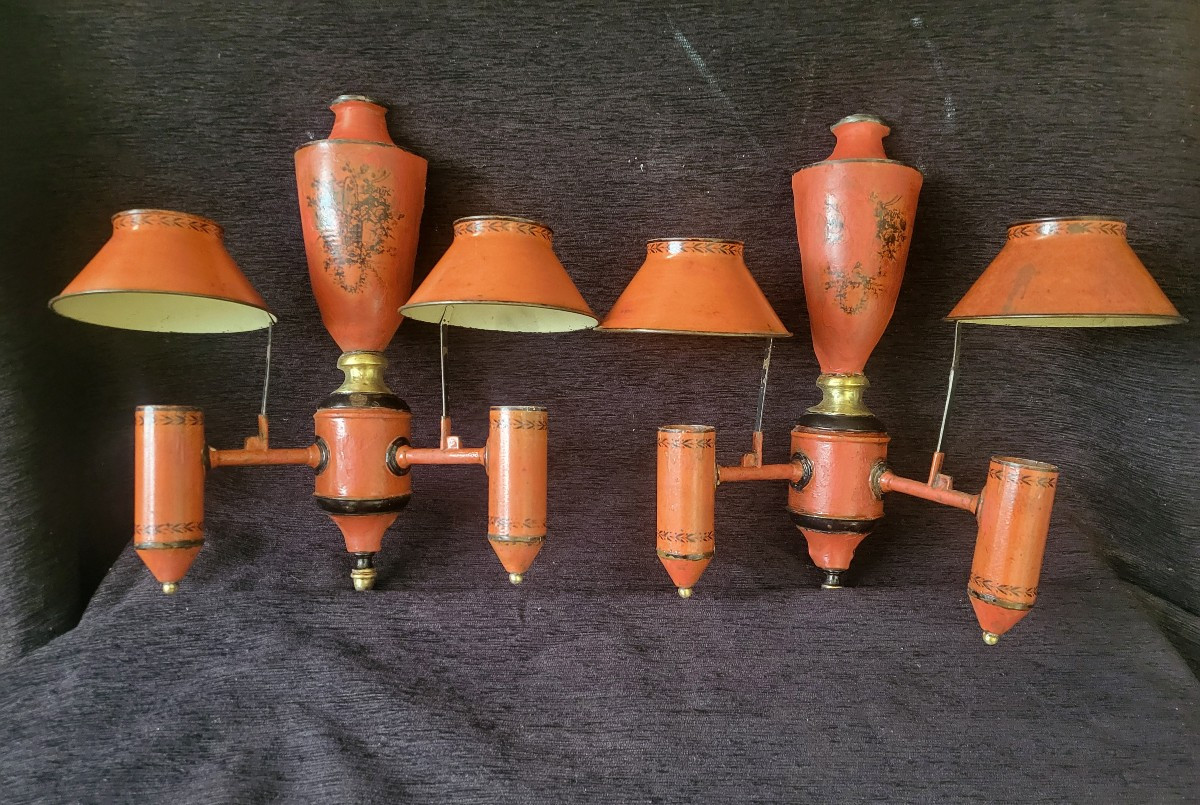 Pair Of Quinquet Wall Lights, Painted Sheet Metal, 19th Century -photo-8