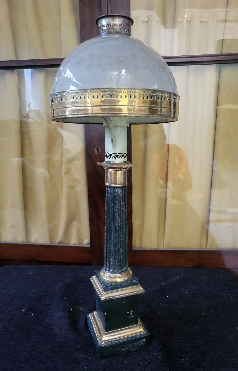 Carcel Lamp And Its Empire Period Glass Shade, H 61cm-photo-3
