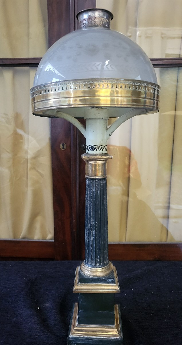 Carcel Lamp And Its Empire Period Glass Shade, H 61cm