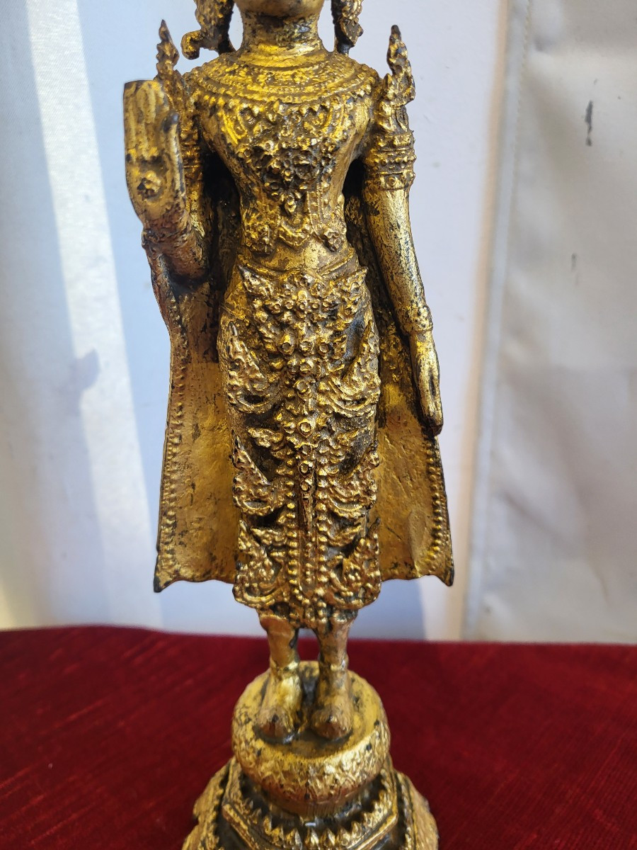 Gilt Metal Buddha From Siam, Early 20th Century, H 38 Cm-photo-3