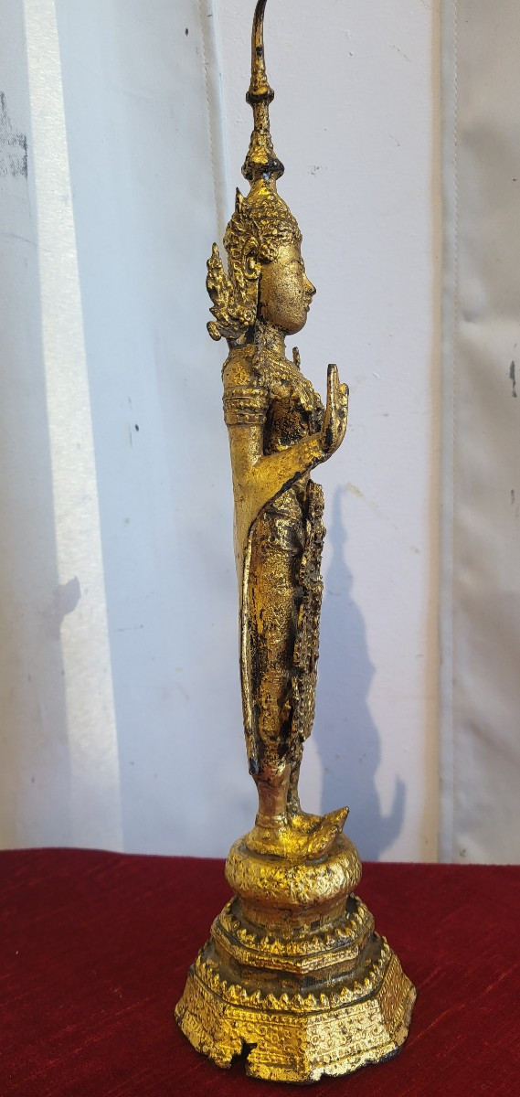 Gilt Metal Buddha From Siam, Early 20th Century, H 38 Cm-photo-4