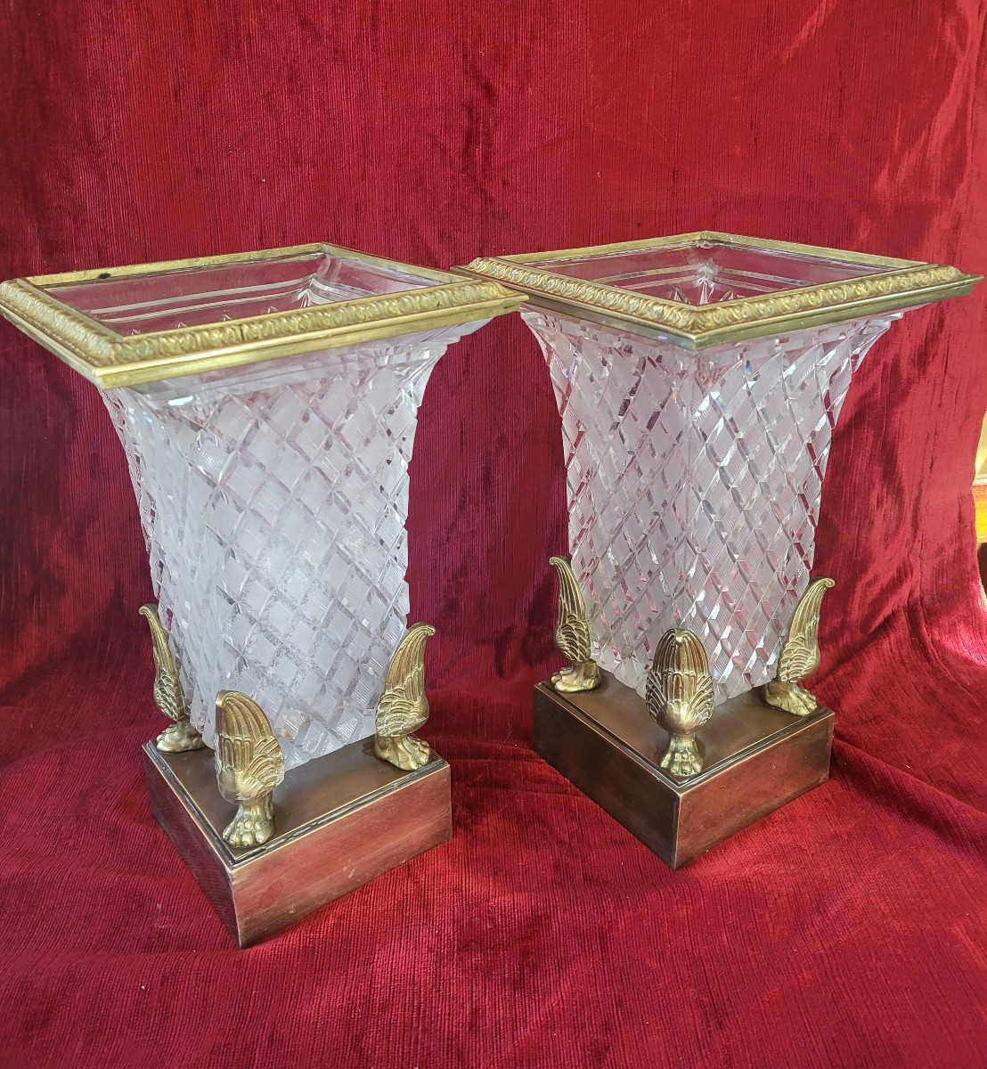 Paire de vases en cristal taillé  et bronze doré Restauration  époque XIXe siècle -photo-6