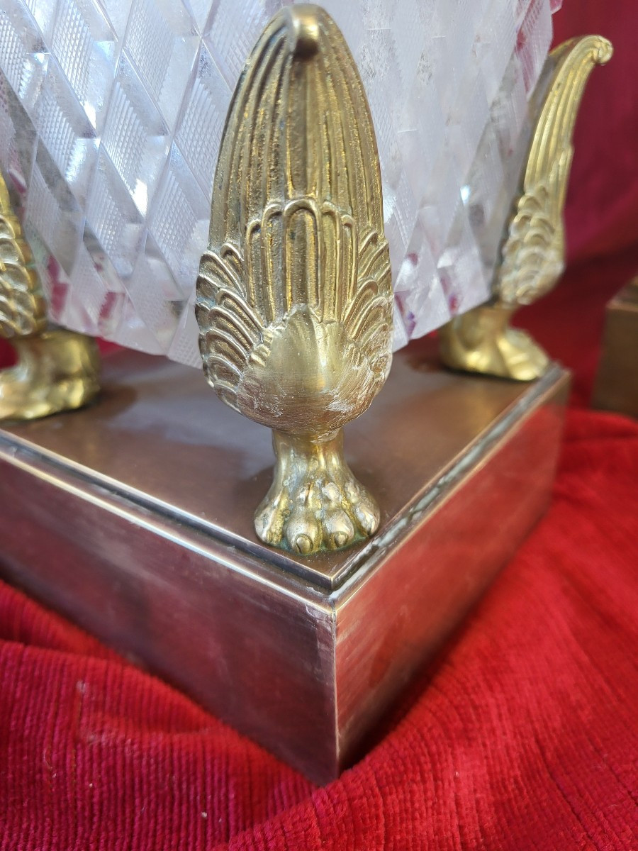 Paire de vases en cristal taillé  et bronze doré Restauration  époque XIXe siècle -photo-8