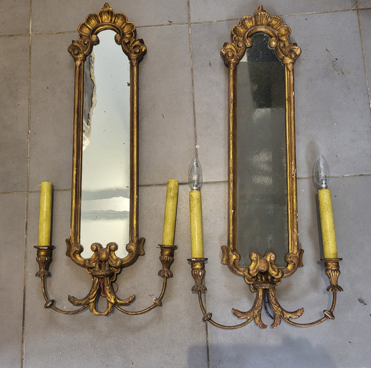 Paire de plaques de lumière  bois doré  miroir XIXe -photo-1