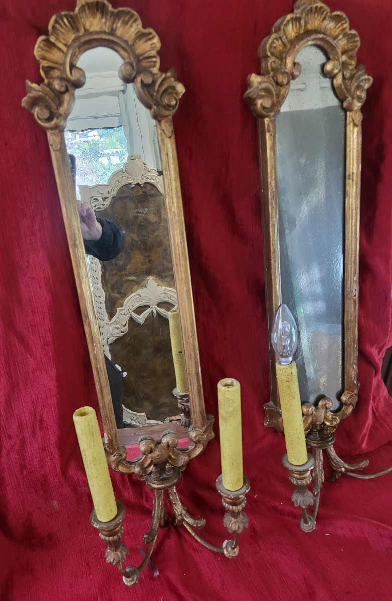 Paire de plaques de lumière  bois doré  miroir XIXe -photo-4