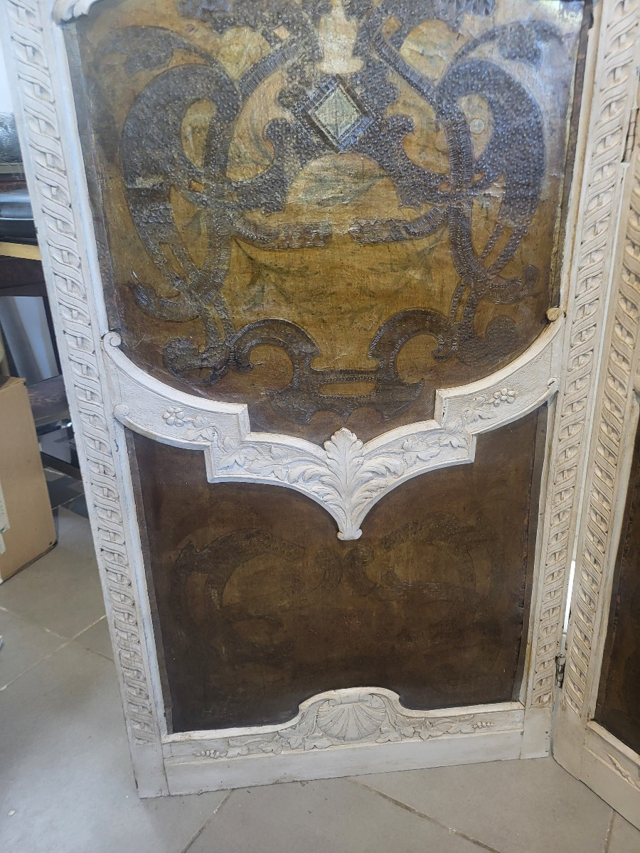 Paravent  bois laqué double face Cuir et soie époque XIXe siècle -photo-4