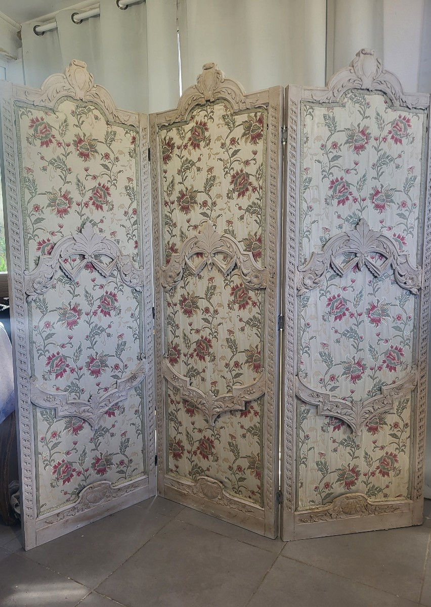 Paravent  bois laqué double face Cuir et soie époque XIXe siècle -photo-1