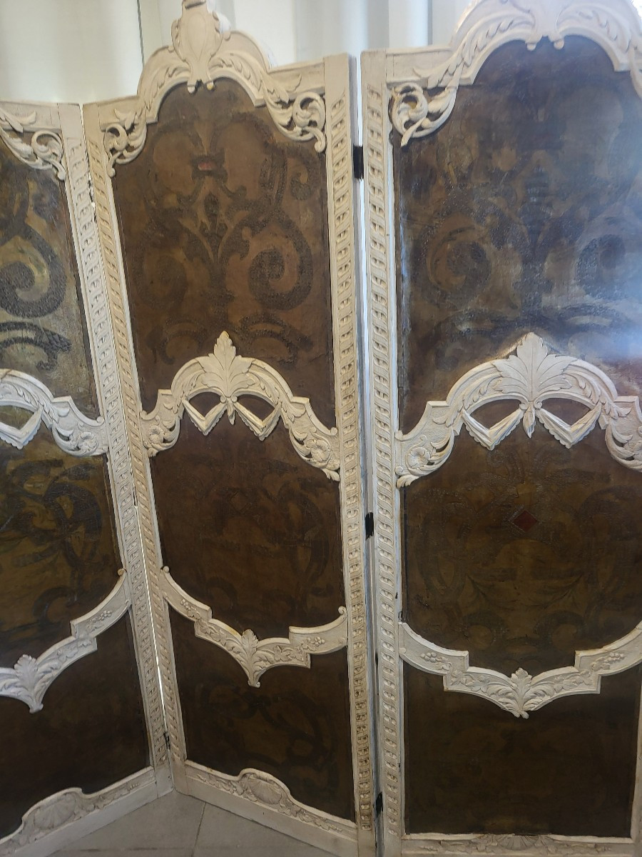 Paravent  bois laqué double face Cuir et soie époque XIXe siècle -photo-4
