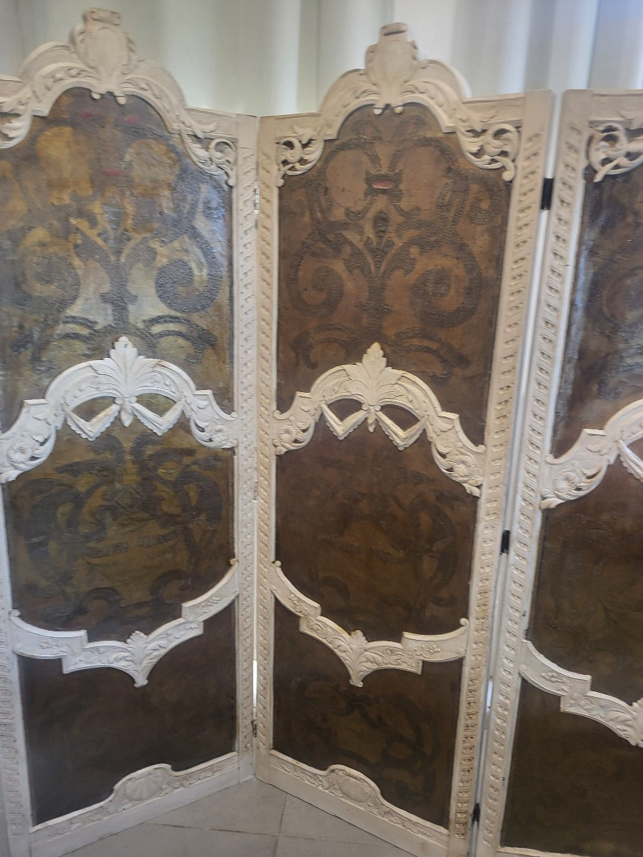 Paravent  bois laqué double face Cuir et soie époque XIXe siècle -photo-5