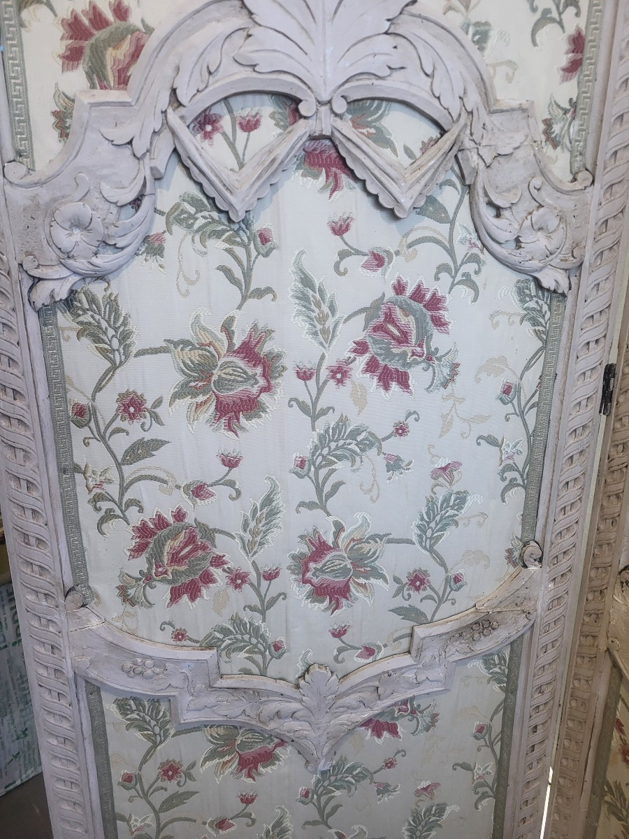 Paravent  bois laqué double face Cuir et soie époque XIXe siècle -photo-6