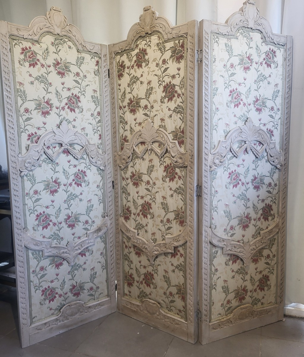 Paravent  bois laqué double face Cuir et soie époque XIXe siècle -photo-8