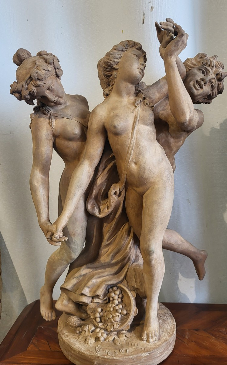 Groupe terre cuite Bacchantes et Satyre Clodion XIXe  H 47 cm-photo-2