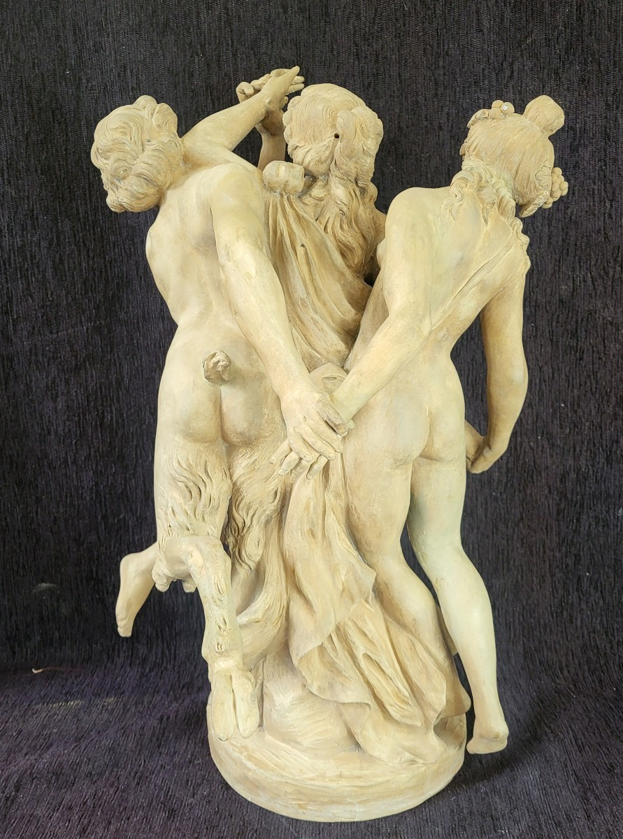 Groupe terre cuite Bacchantes et Satyre Clodion XIXe  H 47 cm-photo-3