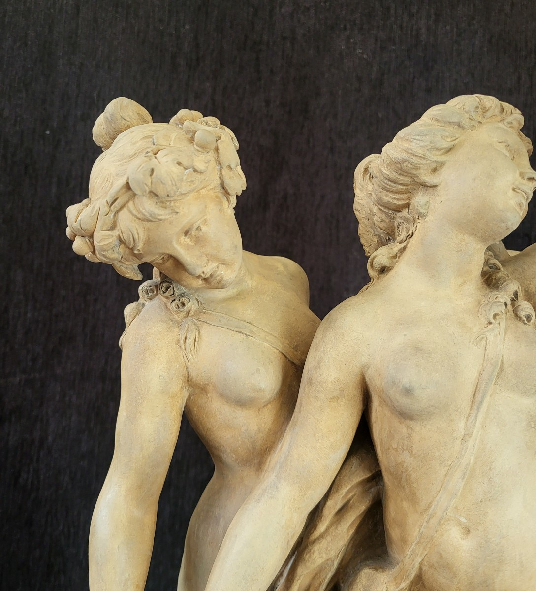 Groupe terre cuite Bacchantes et Satyre Clodion XIXe  H 47 cm-photo-4