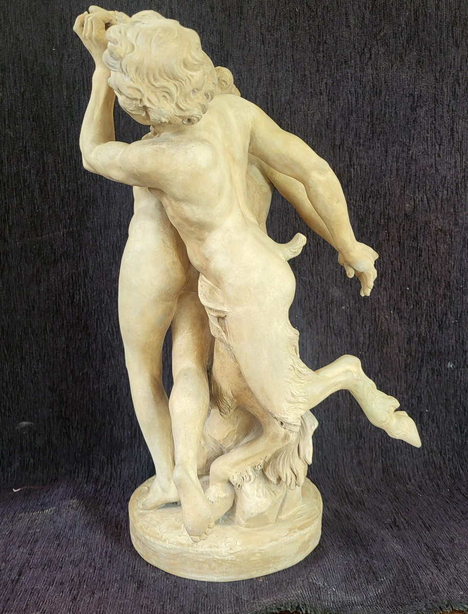 Groupe terre cuite Bacchantes et Satyre Clodion XIXe  H 47 cm-photo-5