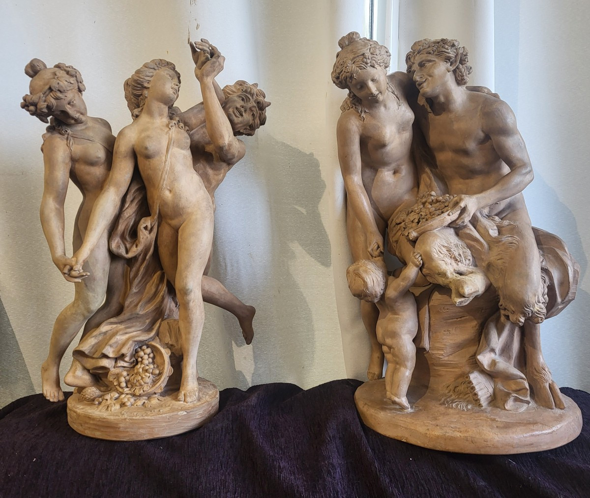 Groupe terre cuite Bacchantes et Satyre Clodion XIXe  H 47 cm-photo-8