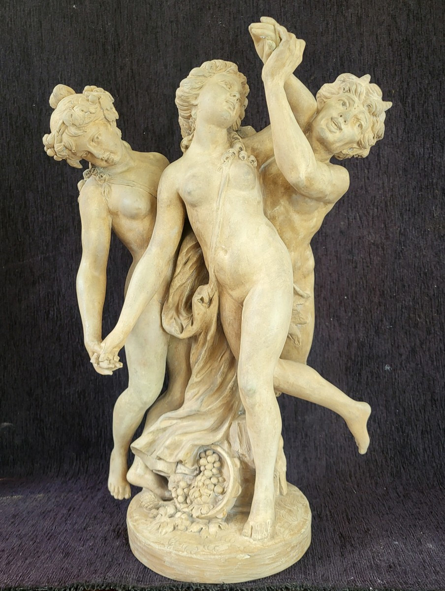 Groupe terre cuite Bacchantes et Satyre Clodion XIXe  H 47 cm